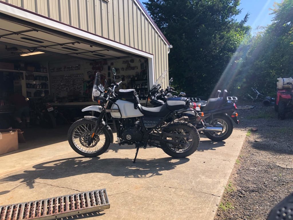 Dropping off the bike at the shop - stock tires on Himalayan